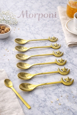 Qerhome 6'lı Elegance Serisi Çay & Kahve Kaşığı Gold Ay-yıldız Model Altın