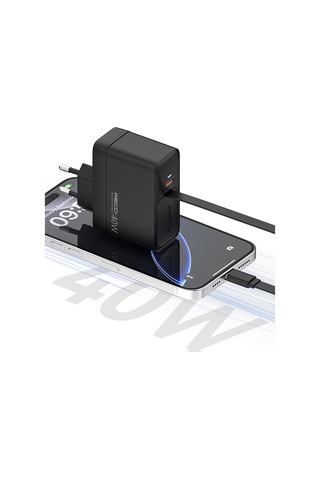Gan Teknolojili Hızlı Şarj Başlığı Recci Rc102e Usb-a To Type-c Pd 40w Type-c Kablolu Şarj Set Siyah