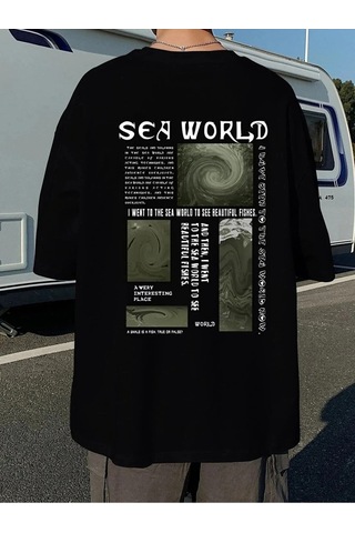 Kadın Siyah Oversize %100 Pamuk Sea World Baskılı T-shirt Siyah