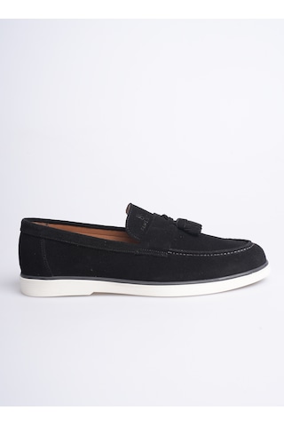 Fame Step Hakiki Deri Erkek Loafer Ayakkabı Süet Günlük Rahat Casual Mokasen Püsküllü Siena Siyah