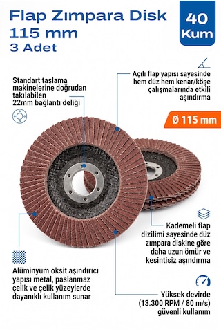115 Mm Flap Zımpara Diski 40 Kum 3 Adet Açılı Metal Taşlama Ucu