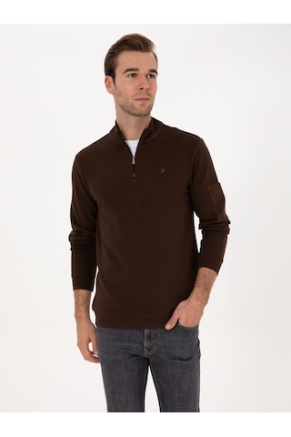 Koyu Kahverengi Regular Fit Yarım Fermuarlı Sweatshirt