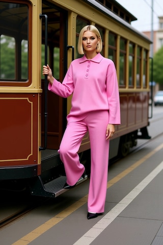 Benerly Kadın Alt Üst Polo Yaka Fitilli Triko Kazak Geniş Paça Pantolon T Pembe