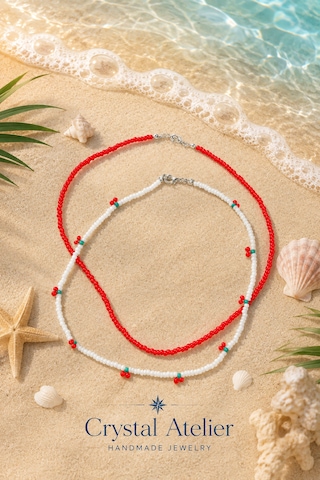 Crystal Atelier 2'li Kiraz Boncuk Kolye Seti El Yapımı Kum Boncuk Beyaz Kırmızı İkili Choker Kombini Meyve Temalı Kadın Hediyelik Kolye