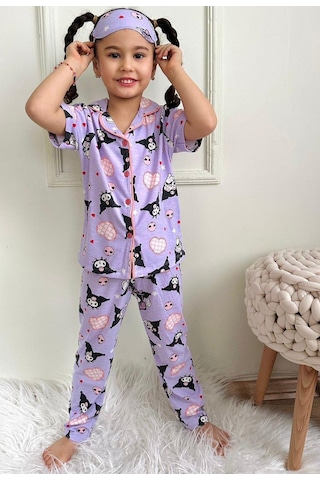 Kız Çocuk Kedi Desenli Pamuklu Düğmeli Pijama Takımı Göz Bantlı Lila