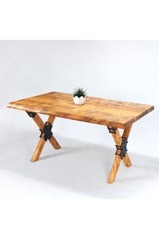 Masif Ahşap Masa 60x120 Cm - Demir Bağlantılı Çapraz Ağaç Ayaklı Doğal Çam Yemek Masası Çok Renkli