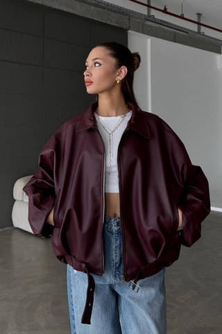 Karabulut Kadın Oversize Deri Ceket Oversize Relax Fit, Fermuarlı Kemer Detaylı Günlük Kadın Ceket Bordo Bordo