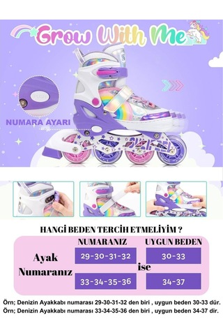 Unicorn Işıklı Mor Paten Gökkuşağı Çocuk Pateni Silikon Teker Mor