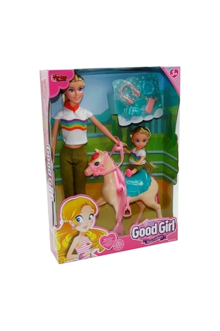 Good Girl 2'li Oyuncak Bebek Ve At Binicilik Seti - 29cm Büyük Bebek, Küçük Bebek, Pembe Yeleli Pony Sarı