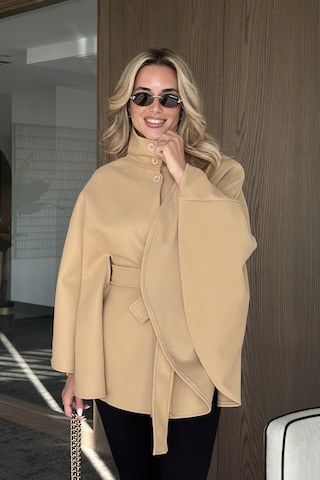 Camel Düğmeli Kuşaklı Kaşe Panço - 2055 Camel