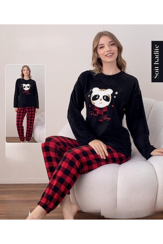 Boyraz Kadın Kışlık Bisiklet Yaka Soft Kadife Pijama Takımı 07016 - 1 Adet Siyah