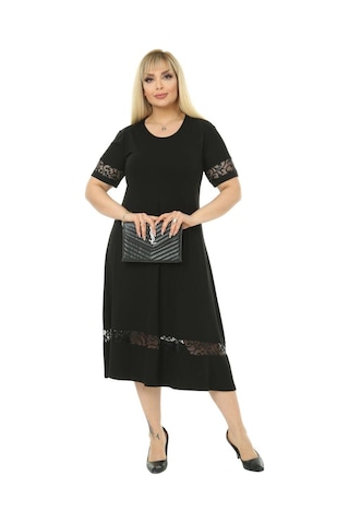 Melsay Butik Dantel Detaylı Kadın Büyük Beden Midi Elbise Siyah