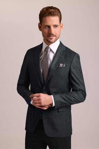 Erkek Haki Yeşil Regular Fit Yünlü Ekose Desenli Tek Ceket 001