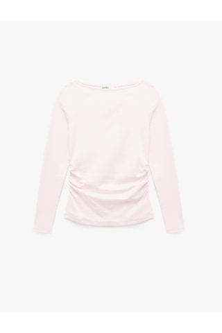 Koton Pamuklu Slim Fit Kayık Yaka Uzun Kollu Drapeli Tişört Pembe 6sak50318ek Gül