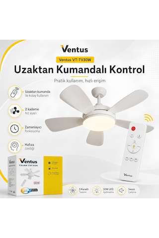 Ventus Vt-tv30w Sessiz Çalışma 5 Kanatlı Işıklı Uzaktan Kumandalı Tavan Tipi Vantilatör