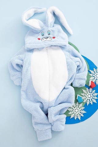 Erkek Bebek Çocuk Welsoft Peluş Tavşan Kulaklı Kışlık Tulum Mavi
