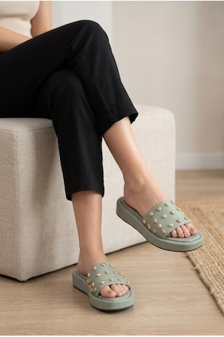 Shoetek Whins Waytta Kadın Terlik Düz Tabanllı Kalpli Pimli Yeşil Deri