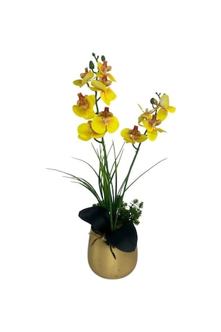 Yapay Çiçek Sarı Islak Orkide Gold Metal Saksıda Saksıda Orkide 50cm