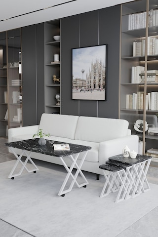 Milano 3'lü Zigon Sehpa Beyaz Metal - Siyah Mermer Tabla