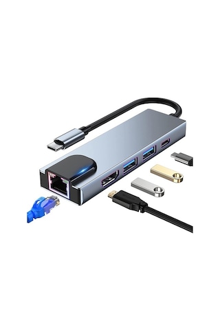 Type C Hub 5 In 1 Type-C To 4K Hdmı + 2X Usb 3.0 + Type-C + Lan