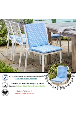 40x40 Cm Mavi Arkalıklı Sandalye Minderi Pamuk Polyester Kumaş İpli Sırtlı Mutfak Ve Bahçe Minderi