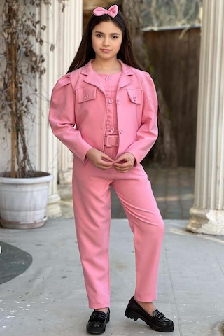 Riccotarz Kız Çocuk Kolsuz Penye Gömlek Cep Detaylı Blazer Ceket Kemerli Pantolon Pembe Alt Üst Takım Pembe