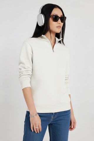 Afri Kadın 3 İplik Şardonlu Yarım Fermuarlı Krem Sweatshirt İçi Pamuklu Kalın Kumaş, Tam Kalıp Rahat Model Krem