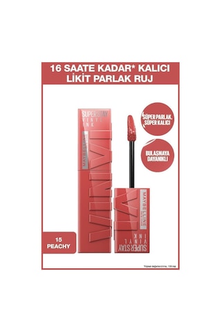 Maybelline New York Super Stay Vinyl Ink Uzun Süre Kalıcı Likit Ruj 15 Peachy + Sky High Cosmic Mini Maskara