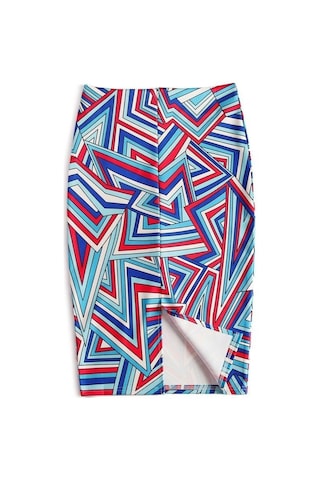 Mavi- Kırmızı Yaz Baskı Zarif Kalem Etek Kadın Yüksek Bel Diz Boyu Etek Kadın Kırmızı - Mavi