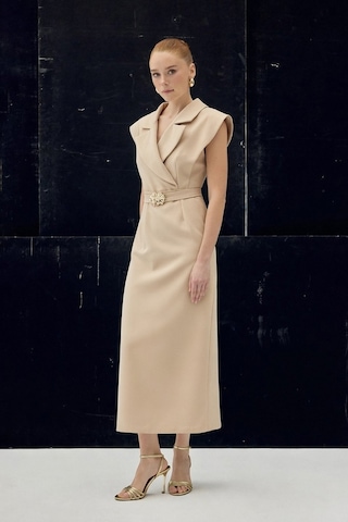 Sateen Aksesuar Detaylı Maxi Elbise - Bej-137076 Bej