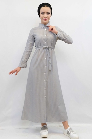 İbrahim Burak Etiler Collectıon Moda Çizgi Gofre Elbise Gri