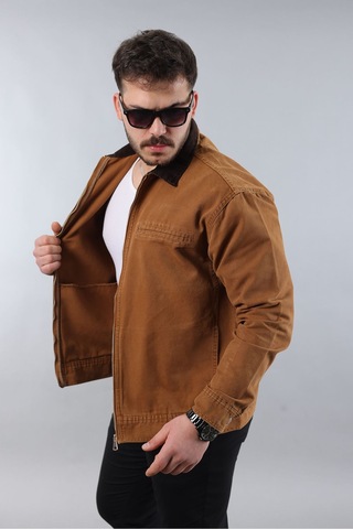 Little Cup Erkek Regular Fit Yaka Garni Fermuarlı Taba Kot Ceket