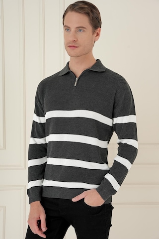 Efor Slim Fit Çizgili Fermuarlı Polo Yaka Antrasit Triko Kazak Tr 877 Antrasit