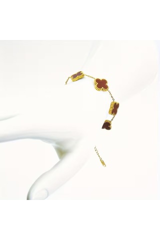 Çelik Bileklik Dört Yapraklı Küçük Yonca Bordo Sedef Taşlı Uzunluk 18 Cm Gold Altın - Gold