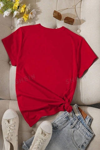 Unisex Pamuklu Ön Baskılı Papatya Kelebek Baskılı Kısa Kol T-shirt Kırmızı