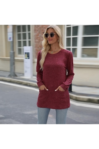 Novahub Kadın Mavi Bol Kabarcık Tişört, Rahat Kollu Üst, Sonbahar Kış Moda Mavi