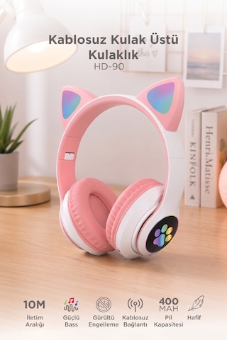 Bluetooth Kulaklık Kulak Üstü Kedi Tasarımlı Kablosuz Kulaklık Hd90