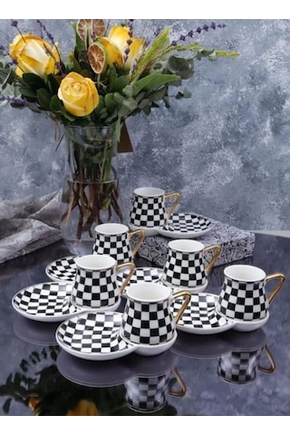 Arow Kahve Fincan Takımı 12 Parça Porselen Dc.tr-3555 9663 Beyaz - Siyah