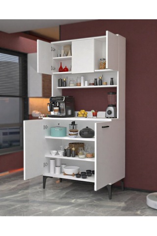 Glass 5 Kapaklı Çok Amaçlı Üst Raflı Dolap Beyaz