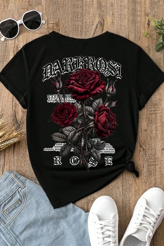 Spoyi Bordo Gotik Gül Tasarımlı %100 Pamuk Yarım Oversize Siyah T-mhirt