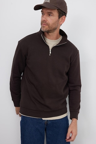 Tudors Unisex Relax Fit Rahat Kesim Pamuklu İçi Polarlı Yarım Fermuarlı Kahverengi Dik Yaka Sweatshirt-35159 Kahverengi
