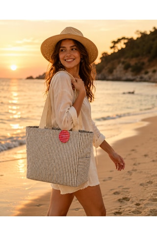Faralya Life Çıtçıtlı Çift Saplı Kısa Ve Uzun Sap Lacivert Çizgili %70 Pamuk %30 Polyester Çift Cepli 50 42 Ölçüde Omuz Çantası Çok Amaçlı Kadın Çanta Plaj Çantası