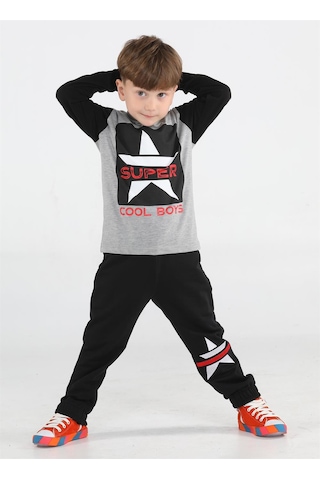 Casabony Super Star Erkek Çocuk Jogger + T-Shirt Takım-Siyah-Gri Siyah - Gri