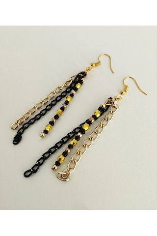 K208 Zincirli Sallantılı Küpe Siyah&altın Sarısı Altın - Siyah
