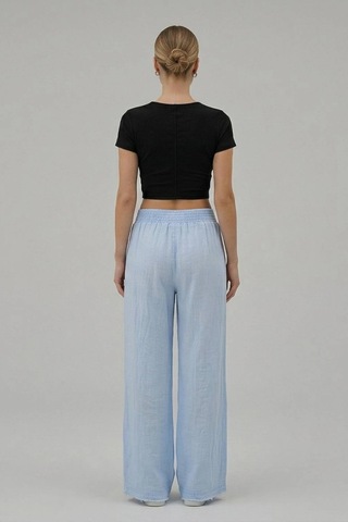Dıanna Kadın Beli Lastikli Wide Leg Müslin Pantolon %100 Pamuk Geniş Bol Paça Rahat Ofis & Günlük Stil Bebe Mavi