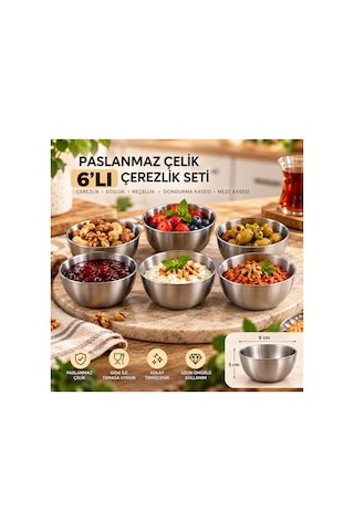 6 Lı Paslanmaz Çelik Kase Seti Çerezlik Sosluk Reçellik Zeytinlik Mezelik Gri Paslanmaz Çelik 180 Ml Gümüş