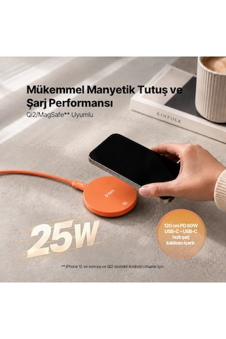 Ttec Aircharger Pro 2 Bliss Qi2.2/magsafe Özellikli 25w Apple Uyumlu, iPhone Uyumlu /android Stantlı Kablosuz Hızlı Şarj Aleti Turuncu
