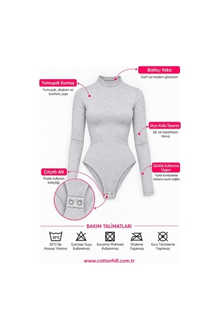 Cottonhıll Premium - Drape Collection Gri Melanj Viskon Balıkçı Yaka Uzun Kollu Çıtçıtlı Kadın Bodysuit