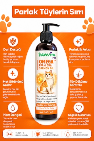Pawvitapet Kediler Için Omega 3-6 Balık Yağı Tüy Ve Deri Bakımı Epa Dha Destekli 200 ML