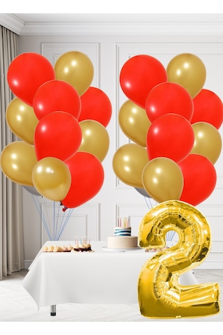 2 Yaş Sarı Kırmızı Taraftar Temalı Doğum Günü Seti Altın Kırmızı Balonlar Altın Folyo Rakam Altın
